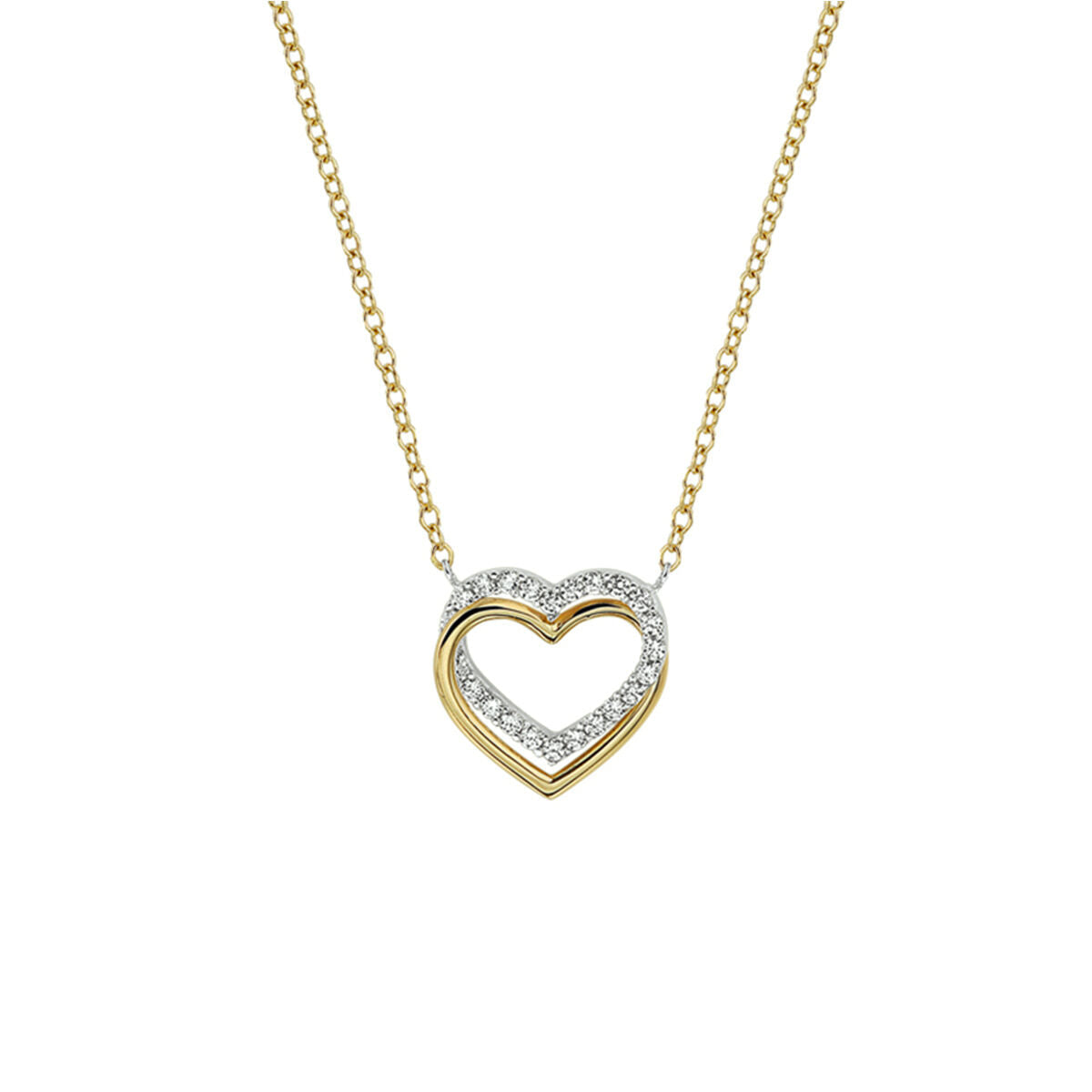 Collar bicolor de oro amarillo y blanco con colgante en forma de corazón decorado con circonitas.