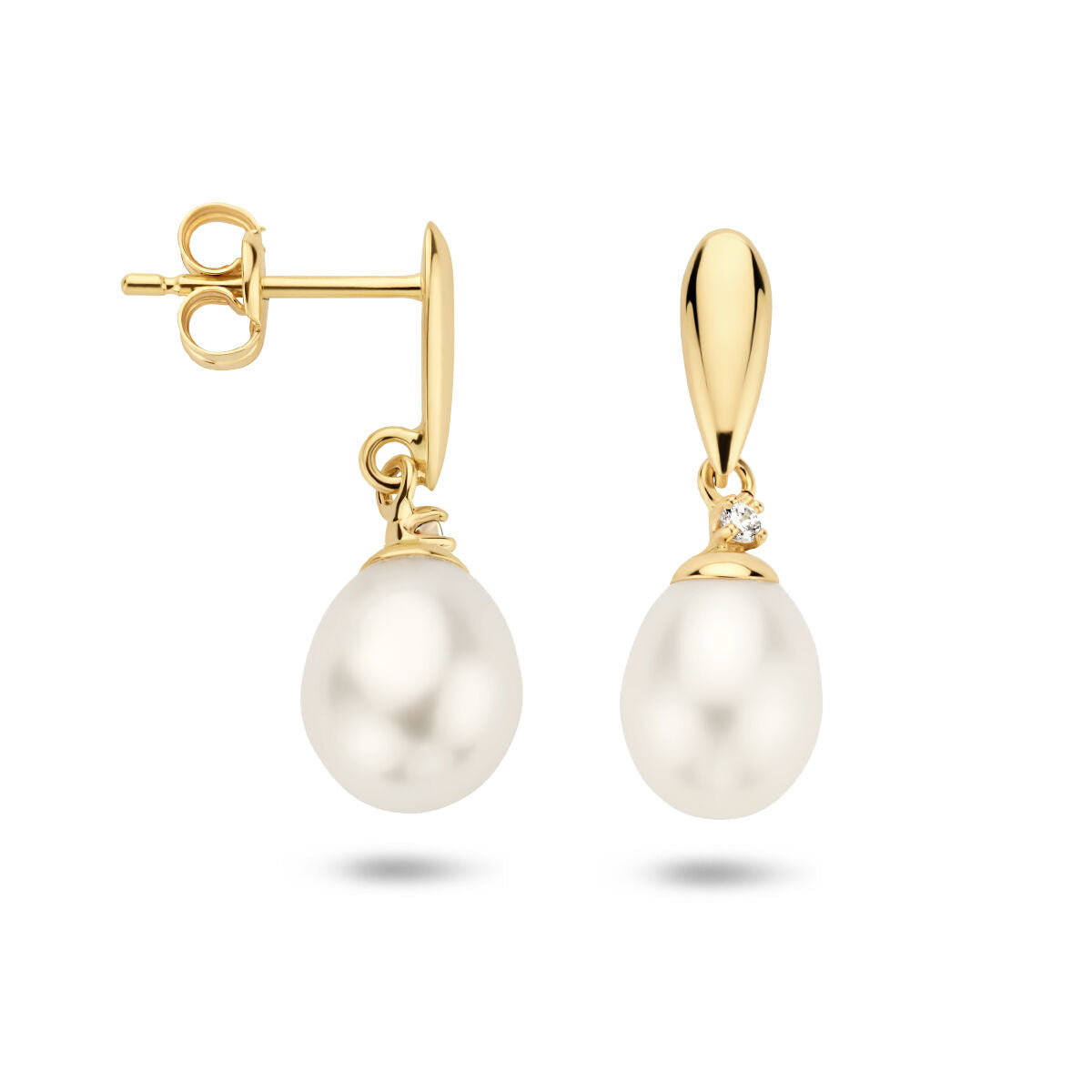 pendientes de perla y circonita en oro amarillo de 14K