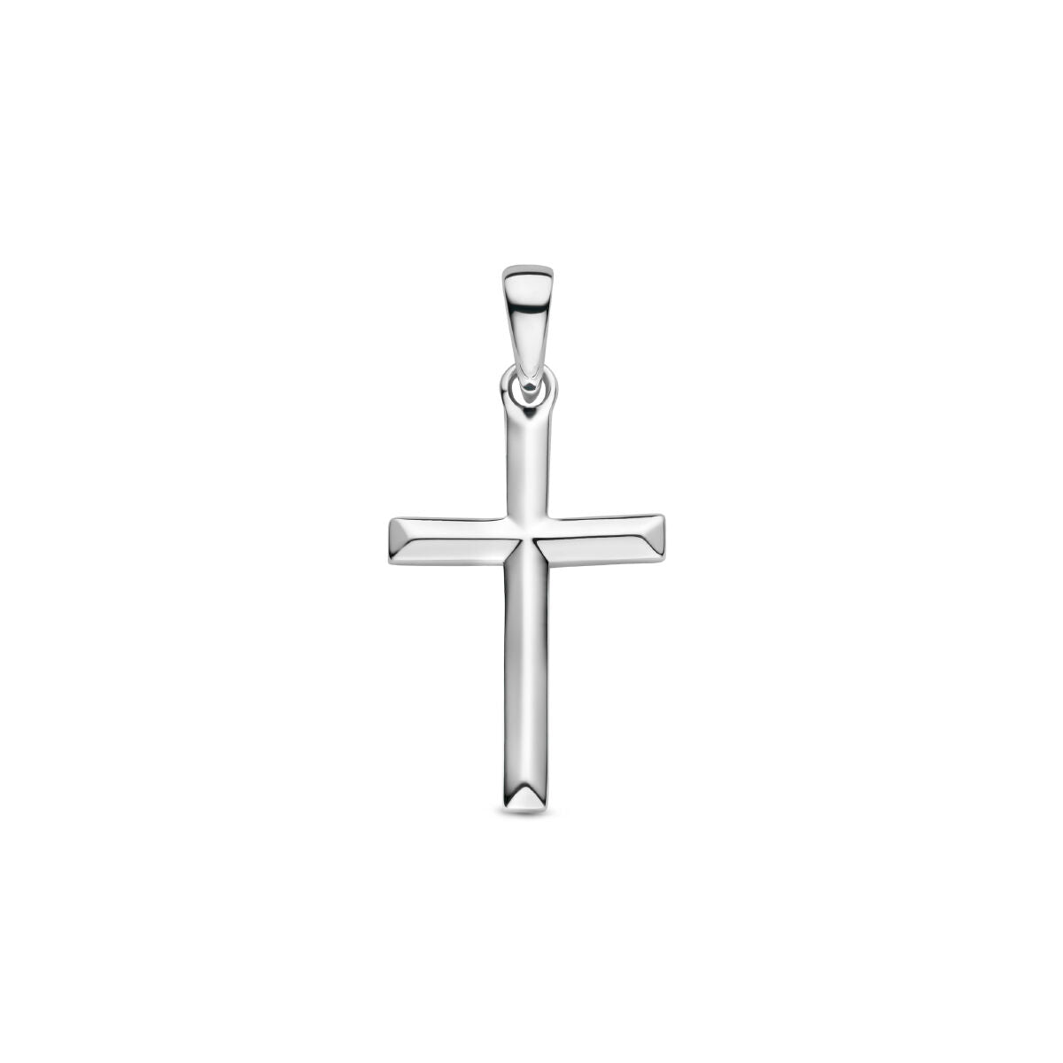 Colgante de cruz de plata rodiada con un diseño geométrico y acabado brillante.