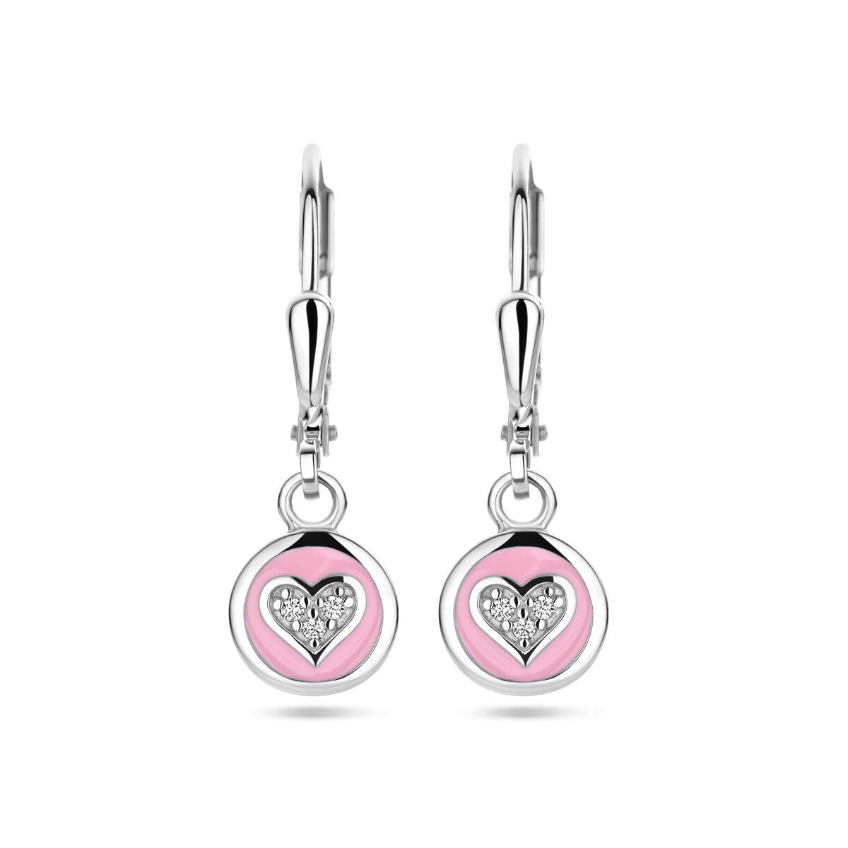 Pendientes largos de corazón con circonitas y esmalte rosa, gancho de plata rodiada.