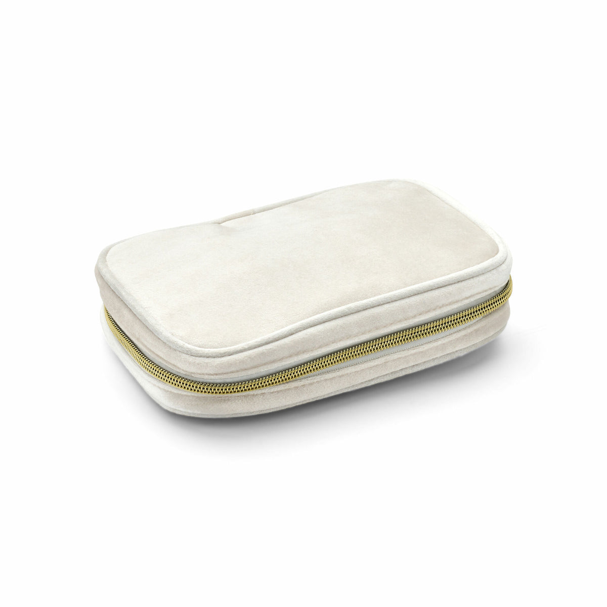 Caja de joyería blanca con cierre, diseño elegante y práctico, forma rectangular.