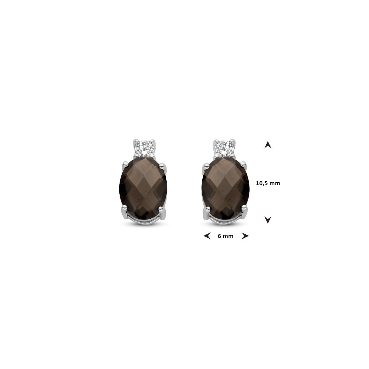 pendientes de botón de cuarzo ahumado y circonita 10,5 mm plata rodiada
