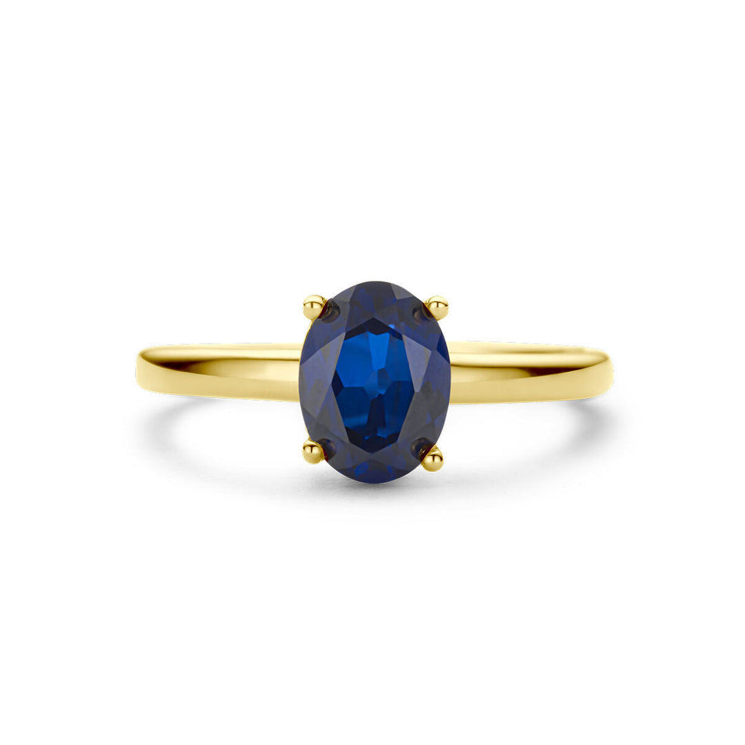De Van der Kooij Collectie ring saffier 14K geelgoud heeft een enkele ovale blauwe saffier in een klassieke vierpoot-solitaire zetting, getoond op een witte achtergrond.