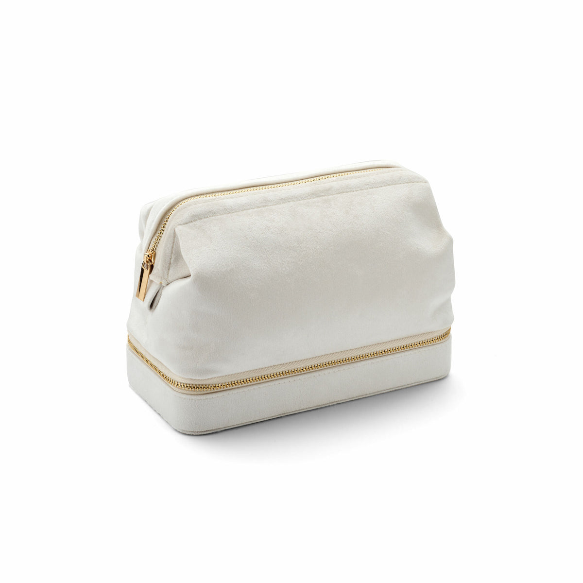 Caja de joyas blanca con cremallera dorada, diseño práctico y elegante.