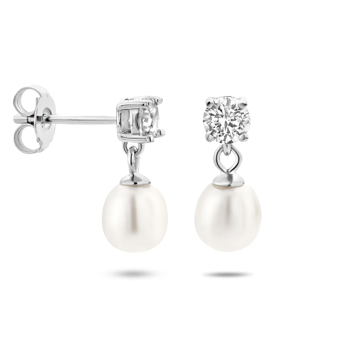 pendientes de zirconia y perla en plata rodiada