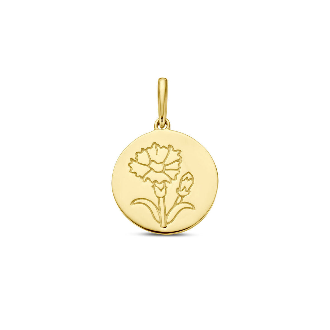 De hanger met geboortebloem 14K geelgoud van Van der Kooij Collectie heeft een gegraveerde anjerbloem en knop, een gepolijste afwerking en een klein lusje: perfecte geboortebloem sieraden.