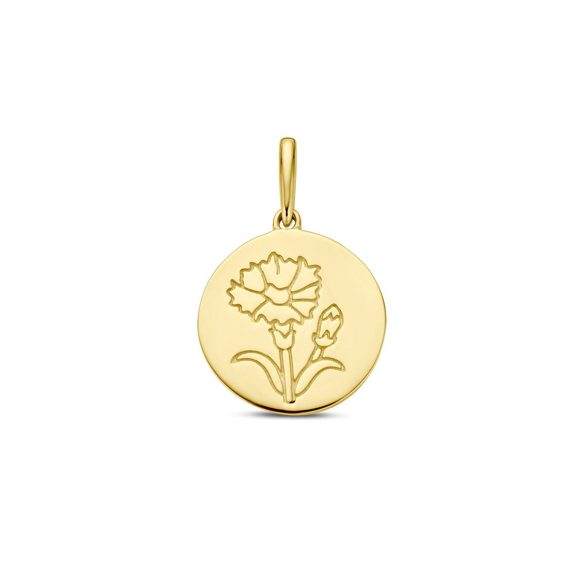 Colgante de flor de nacimiento en oro amarillo de 14 quilates con diseño grabado.