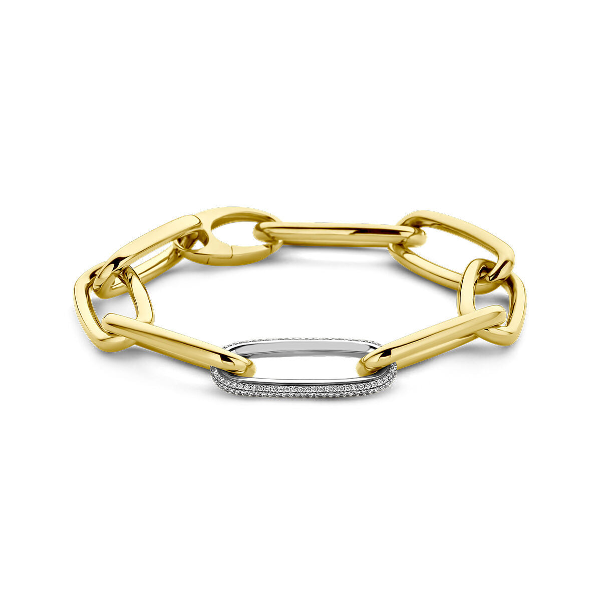 Pulsera bicolor de oro amarillo y blanco con eslabones tipo paperclip y diamante de 0.76 ct.