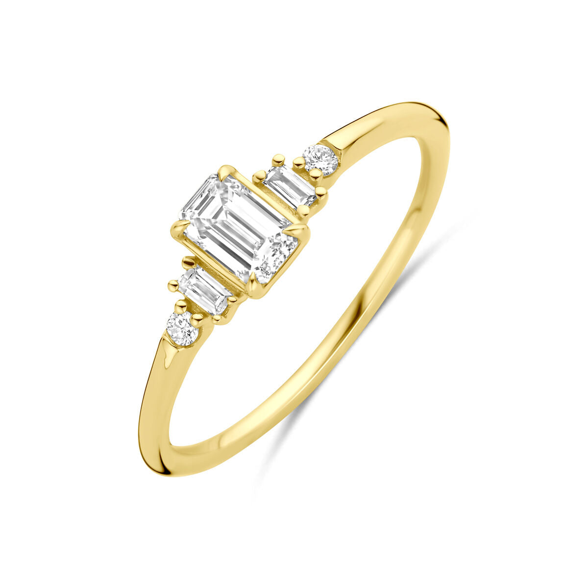 Anillo de oro amarillo de 14K con diamantes lab-grown de 0.40 ct, diseño con tres piedras.