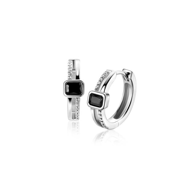 Pendientes de aro plateados con detalle cuadrado negro y circonitas.