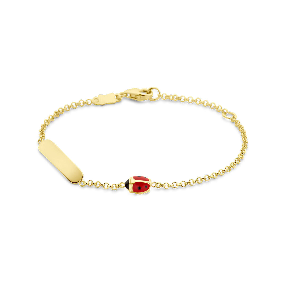 Pulsera dorada con placa rectangular de 3,5 mm y charm de mariquita.