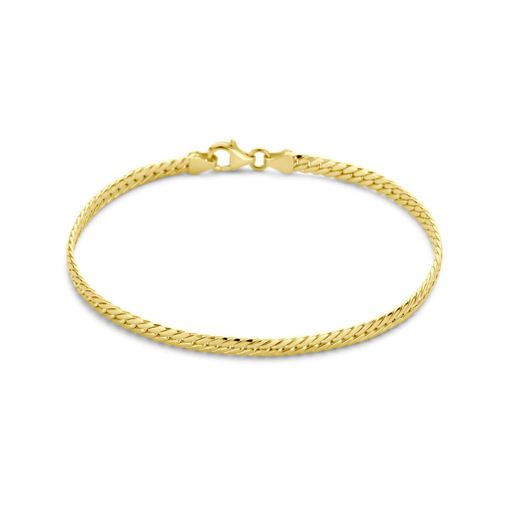 De Van der Kooij Collectie armband gourmette 3,4 mm 19 cm in 14K geelgoud is een elegante damesarmband met een platte gourmette schakel en een stevige sluiting, getoond op een witte achtergrond.