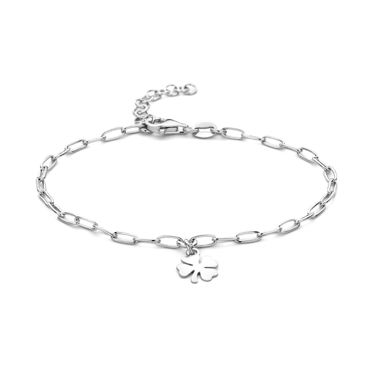 Pulsera de eslabones de plata con charm de trébol, longitud de 16 + 3 cm.