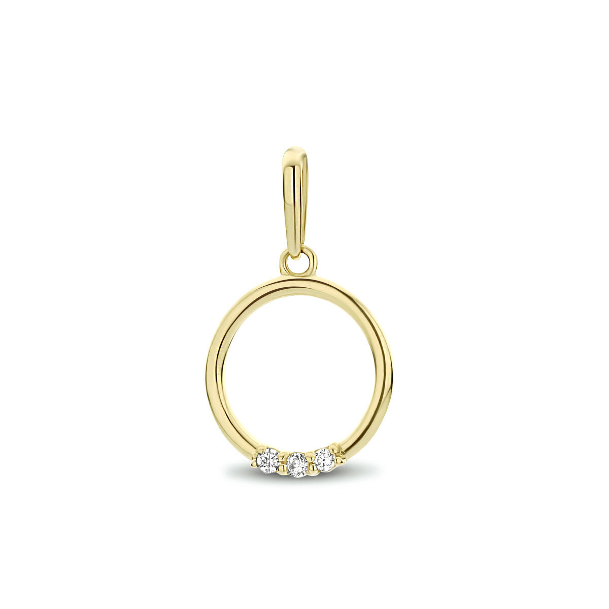 Colgante redondo de oro amarillo de 14K con circonitas brillantes.