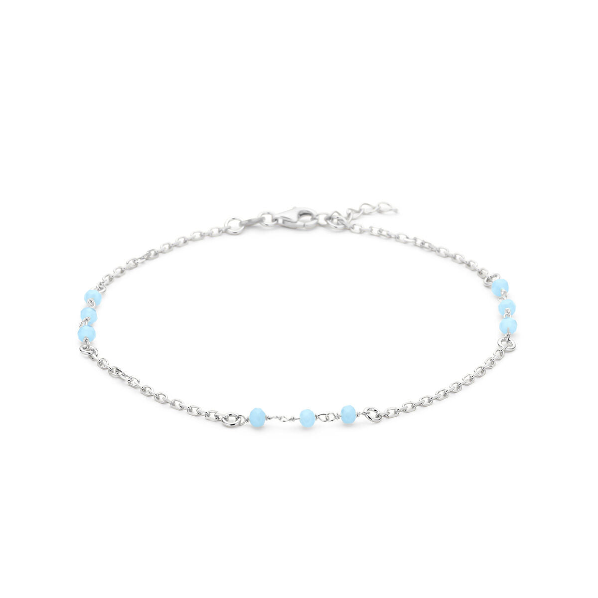 Pulsera de plata rodiada con bolitas de cristal azul, longitud de 24 + 2 cm.