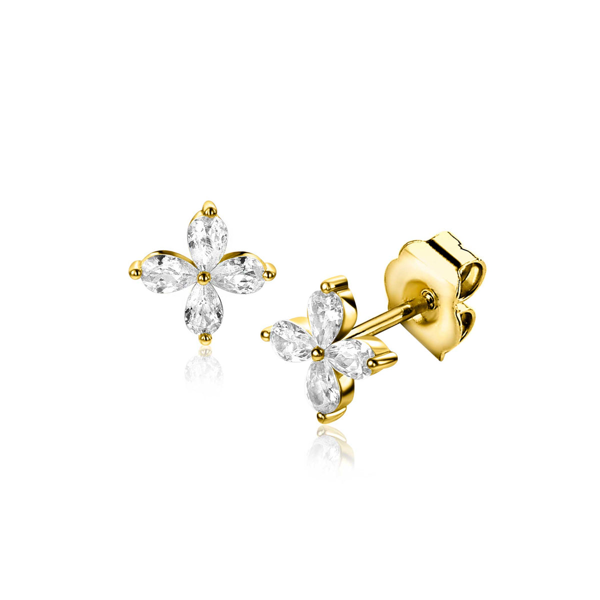 Pendientes de oro con forma de flor y piedras brillantes.