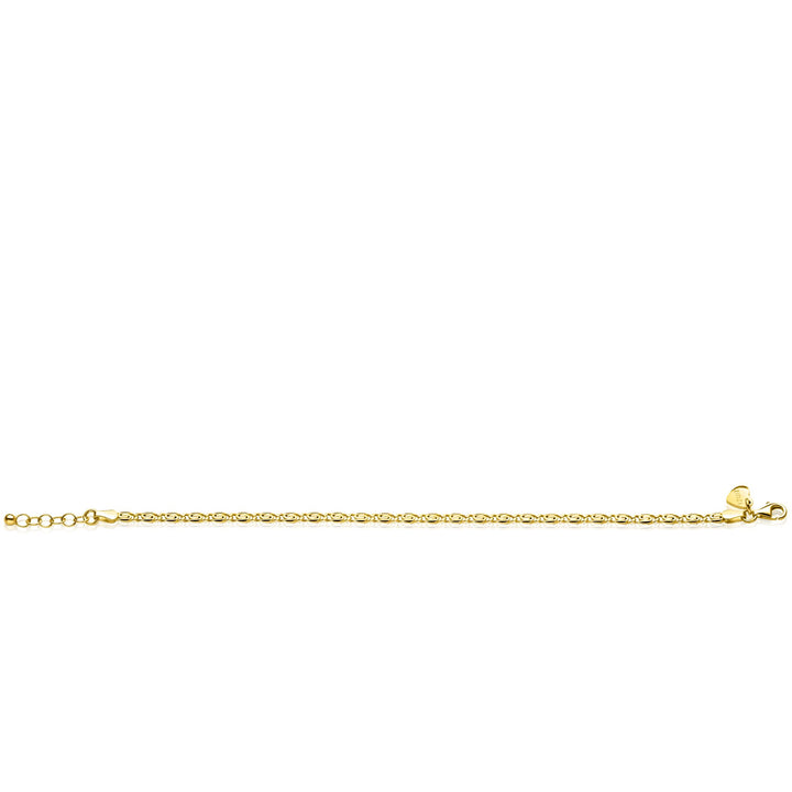 De Zinzi Armband verguld ZIA2712G van Zinzi heeft een fijne ketting, vergulde afwerking en veilige karabijnsluiting, plat weergegeven op een witte achtergrond.