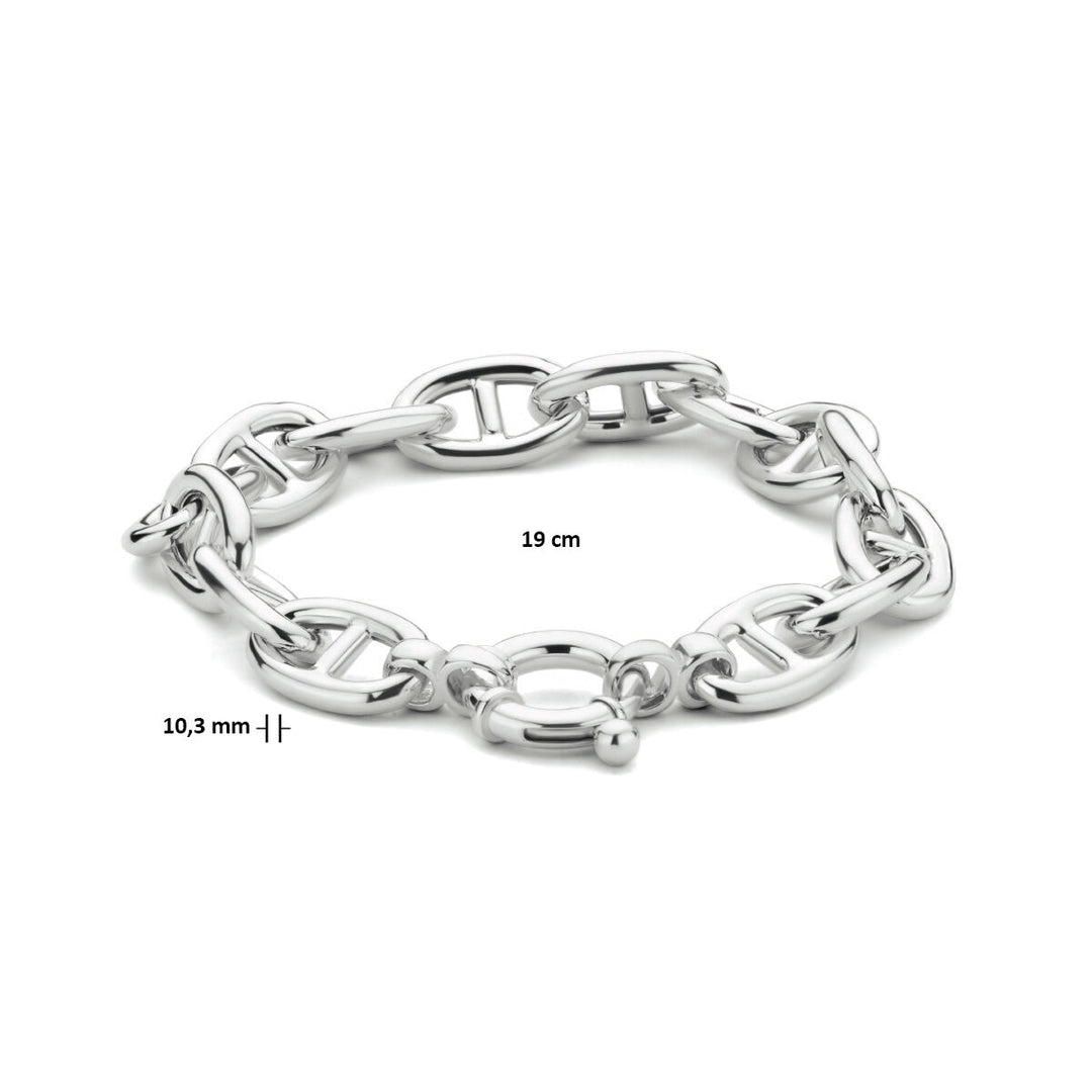 De Van der Kooij Collectie armband marine 10,3 mm zilver gerhodineerd (19 cm) heeft grote ovale schakels en een groot springslot, perfect als dames armband. Gepresenteerd op een witte achtergrond.