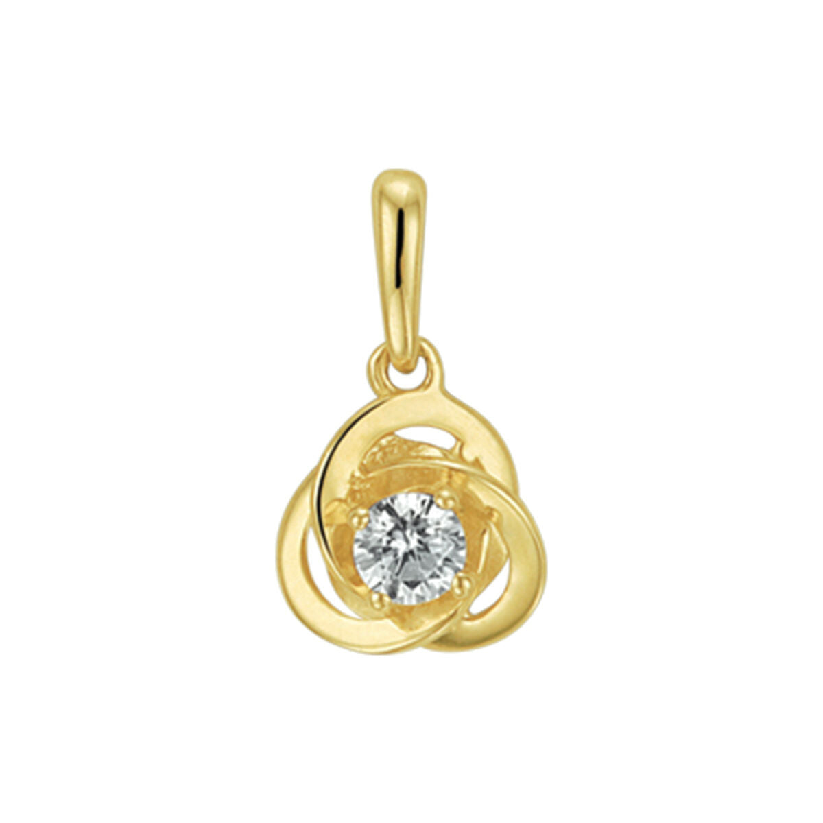 Colgante de oro amarillo de 14K con zirconia, diseño en forma de tres lazos entrelazados.
