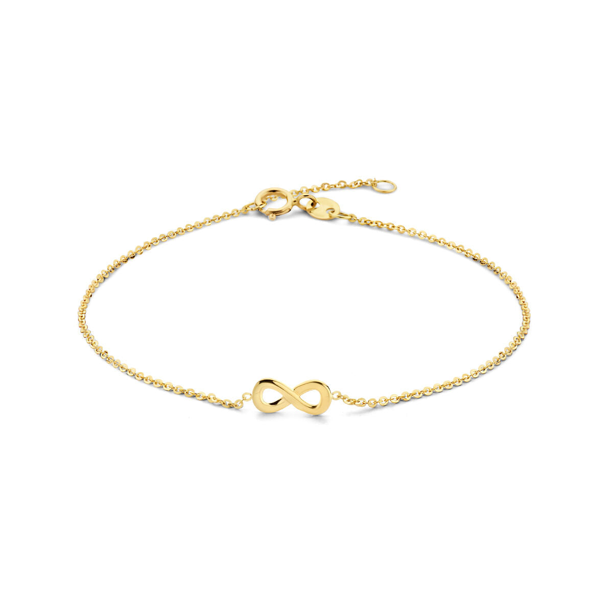 Pulsera dorada de 14K con diseño de infinito en el centro.