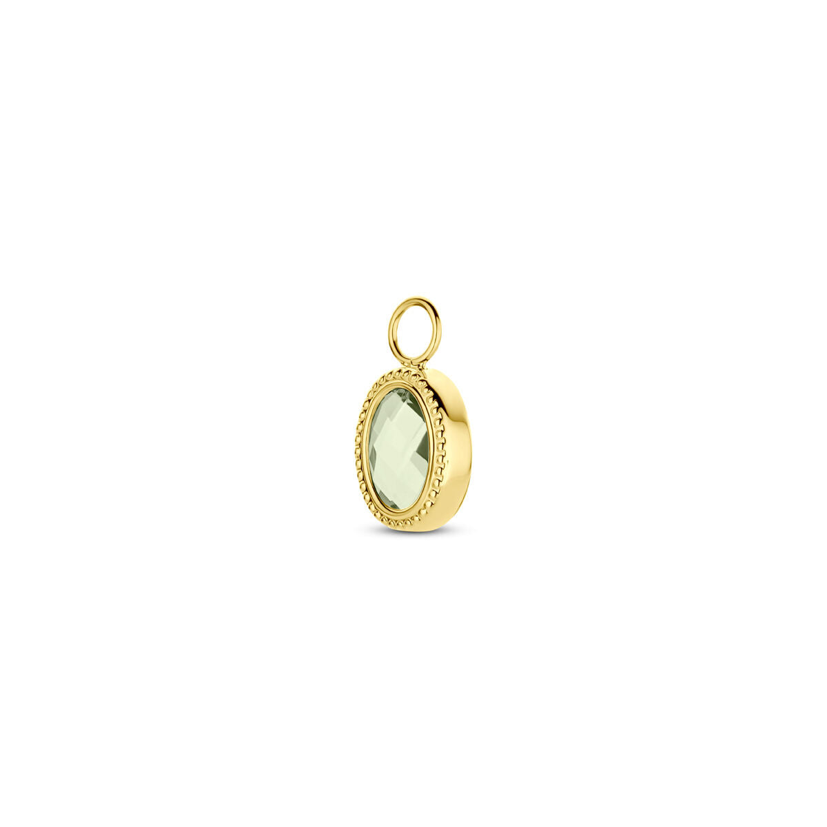Colgante de ametrino verde en oro amarillo de 14K con un diseño ovalado y detalles texturizados.