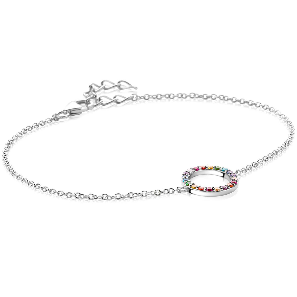 Pulsera de plata con un círculo decorado con piedras de colores brillantes.