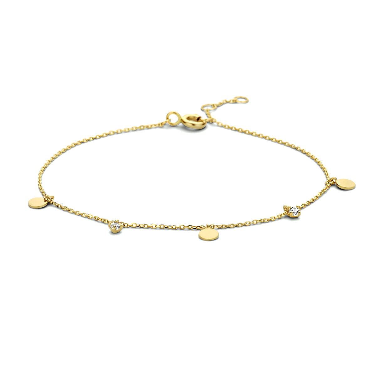 Pulsera dorada con círculos de zirconia de 14K y cadena delicada.