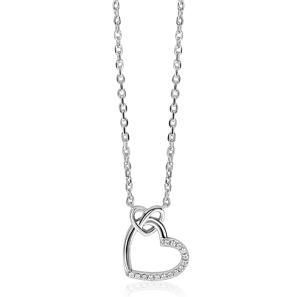 Cadena plateada con dos corazones elegantes, uno con circonitas.