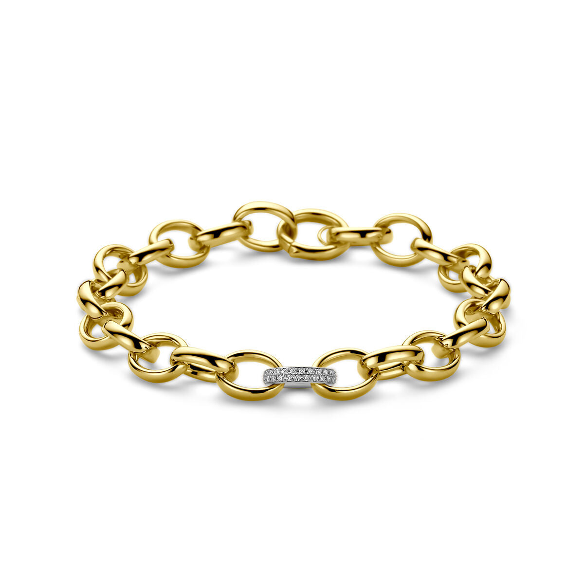 Pulsera de eslabones en oro bicolor amarillo y blanco con diamante de 0.18 ct, 9 mm de ancho.