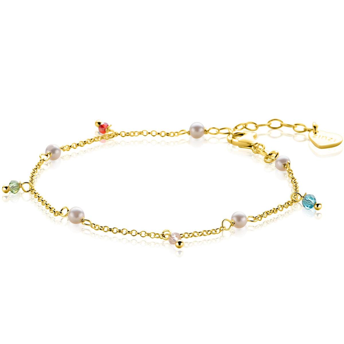 Pulsera dorada con perlas y charms de colores.