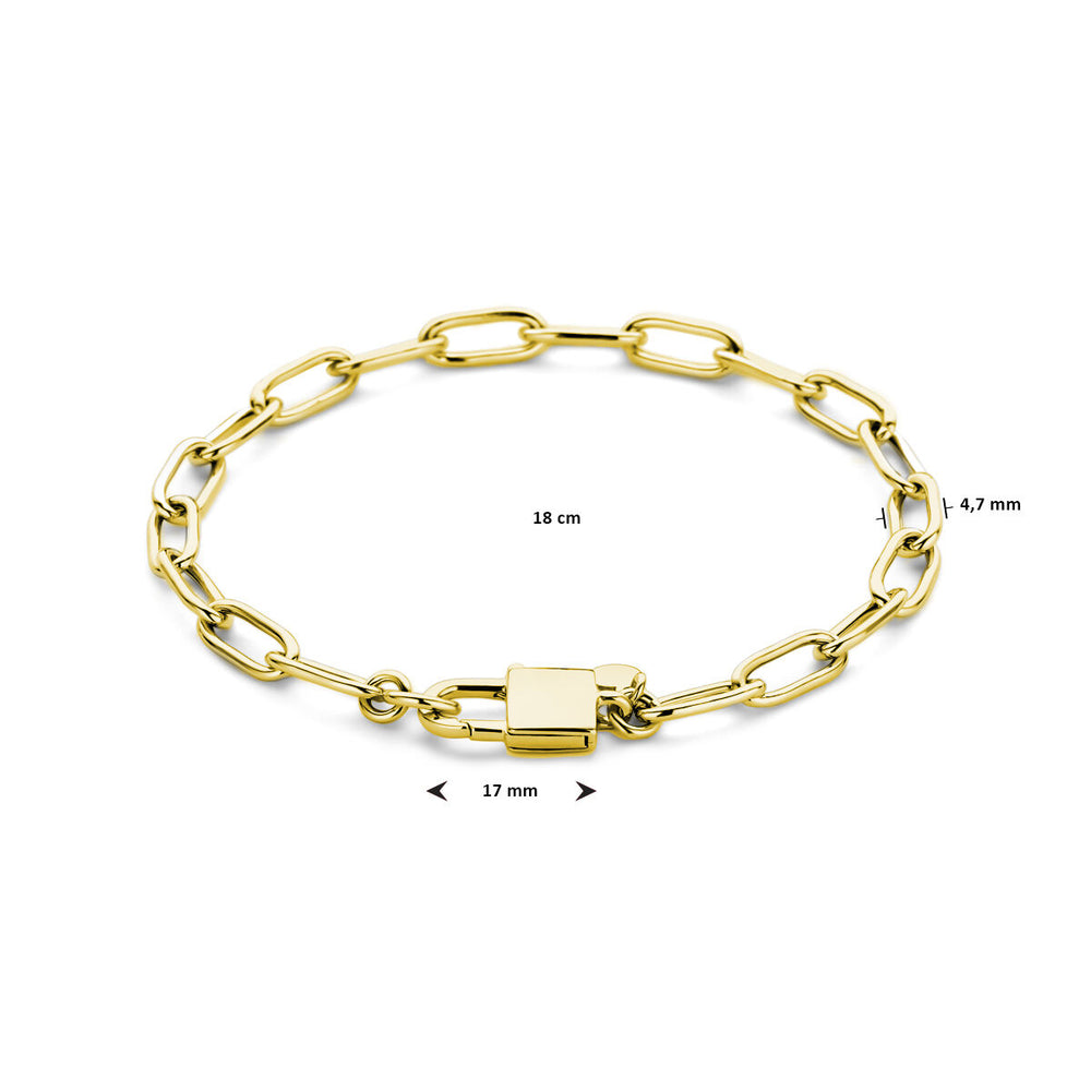 De Van der Kooij Collectie armband paperclip en slot 18 cm is een 3 micron geel verguld zilveren damesarmband met langwerpige ovale paperclip schakels, rechthoekige sluiting (17 mm), 4,7 mm breed, op een witte achtergrond.