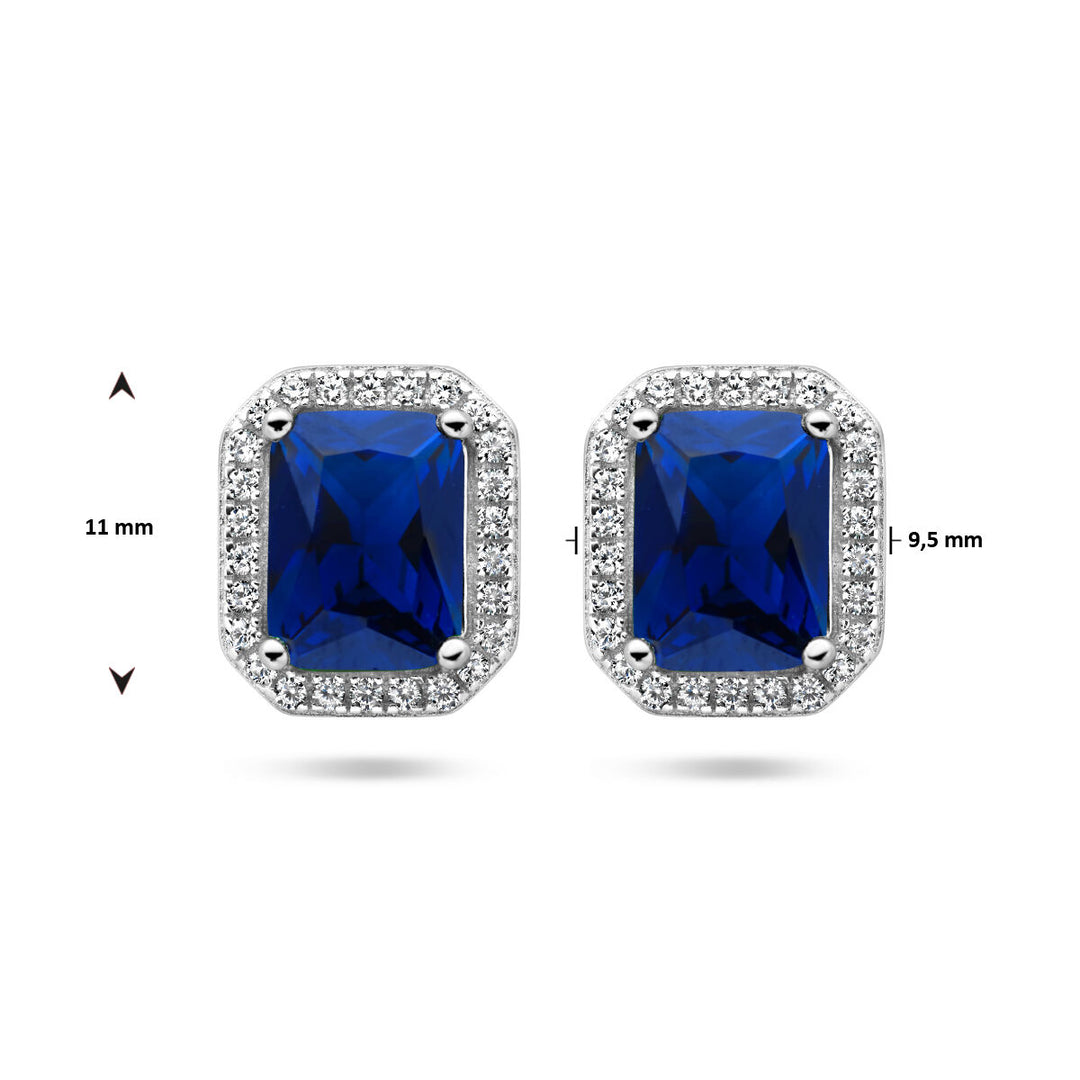 oorknoppen blauw en wit zirkonia halo zilver gerhodineerd
