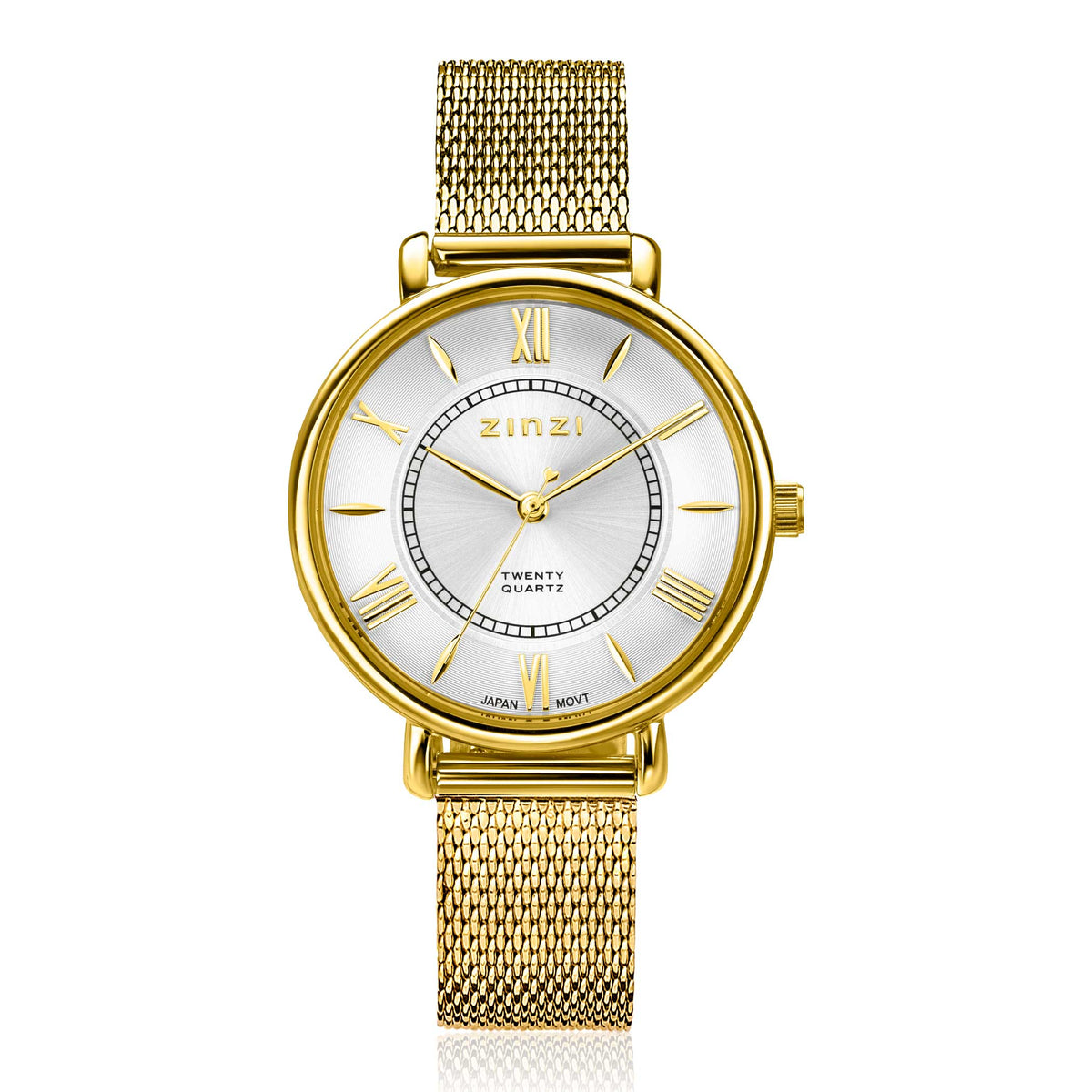 Reloj dorado con esfera plateada, números romanos y correa de malla metálica.
