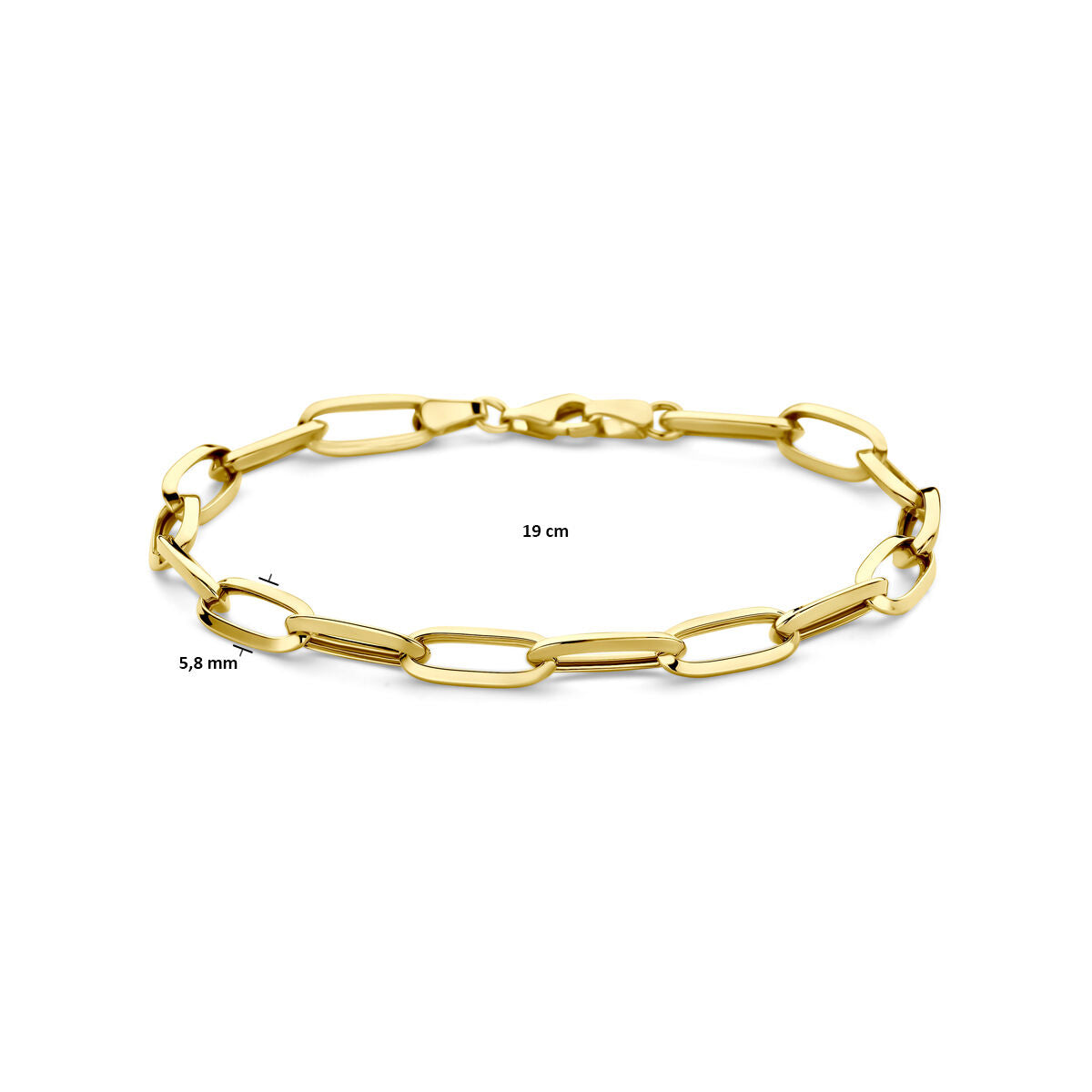 De Van der Kooij Collectie armband closed forever heeft 5,8 mm langwerpige ovale schakels in 14K geelgoud, is 19 cm lang en is afgebeeld op een witte achtergrond.