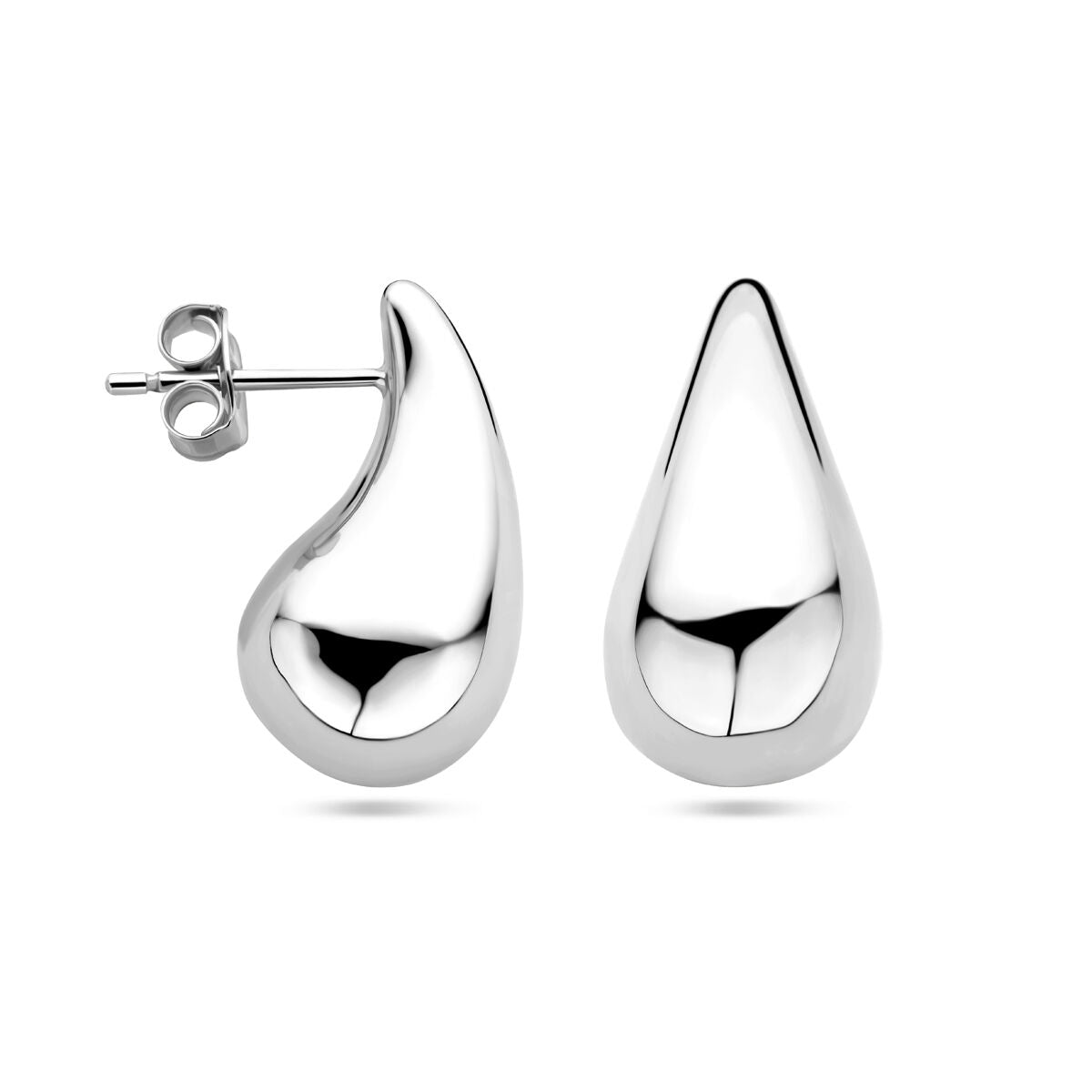 Pendientes de gota de plata rodiada con un acabado brillante y forma estilizada.