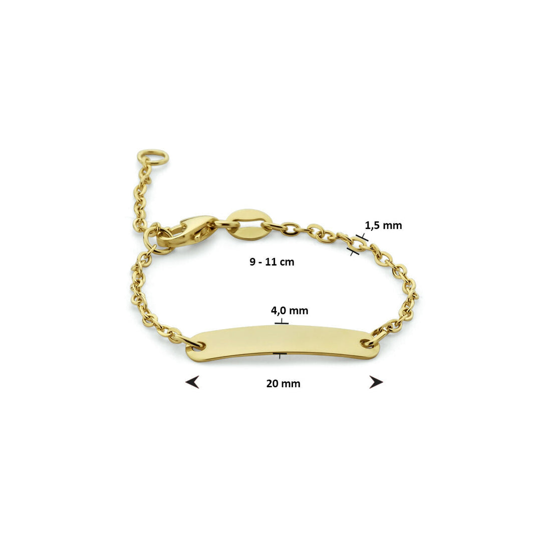 De Van der Kooij Collectie Baby armband plaat 4,0 mm 9K heeft een gouden ketting met een blanco rechthoekig naamplaatje (20 x 4 mm), 1,5 mm dikke ketting, verstelbaar van 9-11 cm-ideaal als geboorte geschenk.