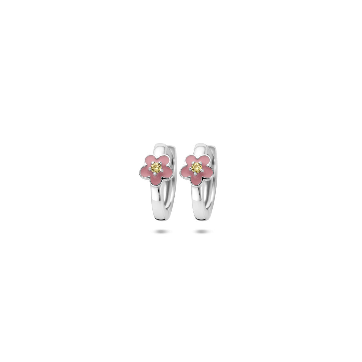 Pendientes de aro plateados con flor de esmalte rosa y circonita amarilla, 12 x 4.5 mm.