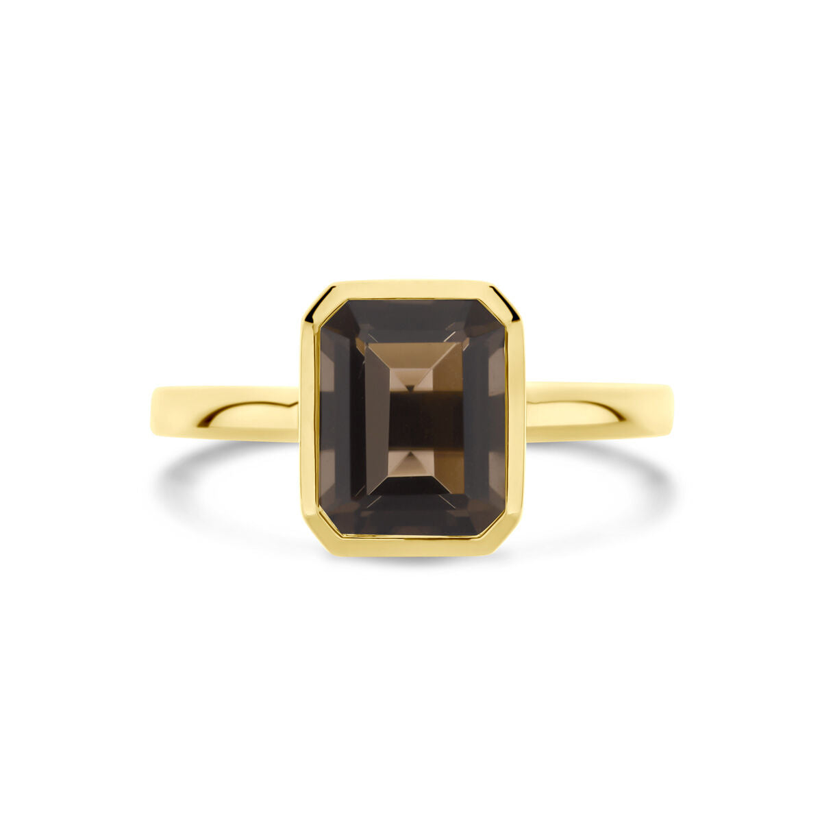 De Van der Kooij Collectie ring rookkwarts 14K geelgoud heeft een rechthoekige, smaragd geslepen rookkwarts edelsteen op een eenvoudige gepolijste gouden band, zichtbaar vanaf de voorkant.