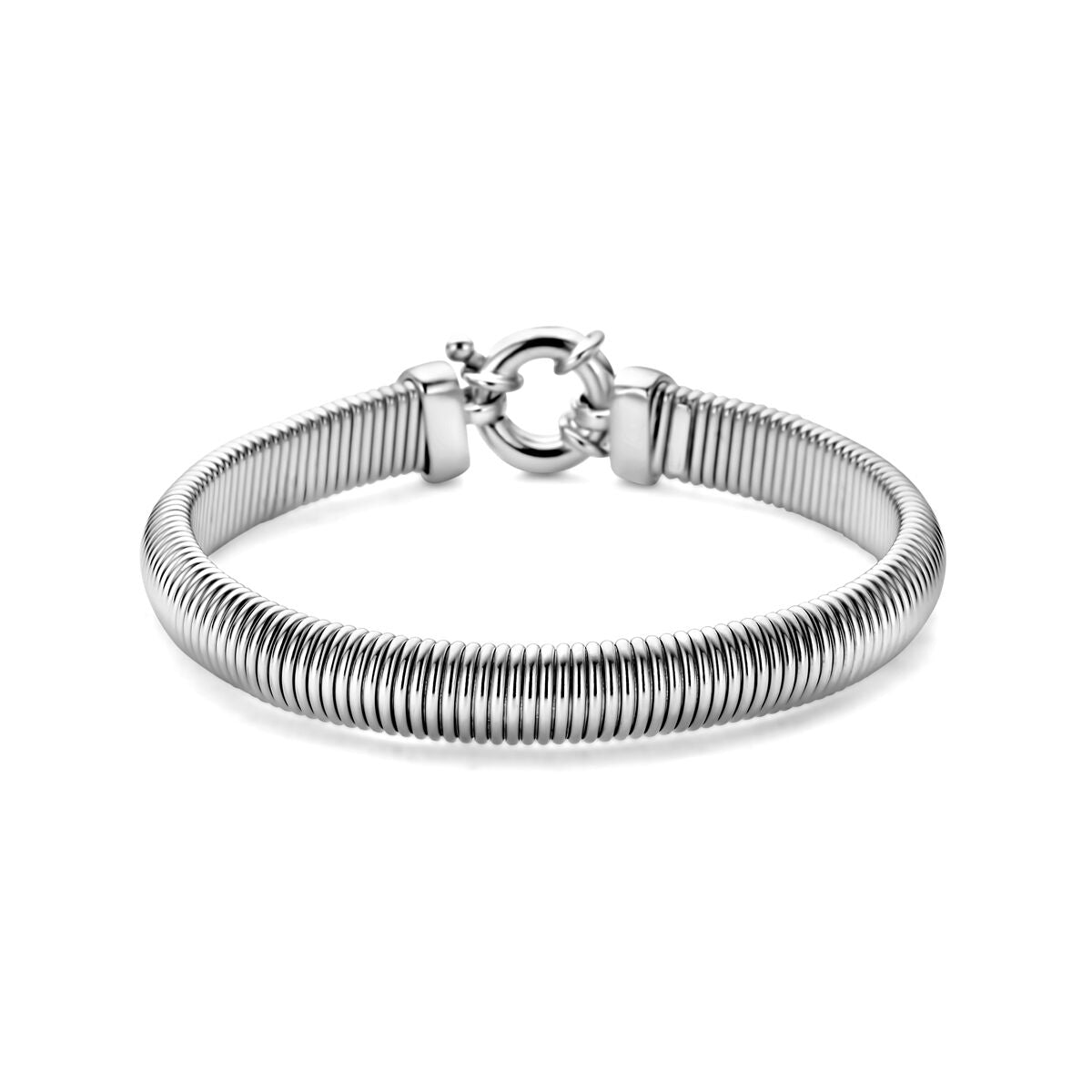 Pulsera de plata con gran cierre de resorte, acabado en rodio y diseño flexible.
