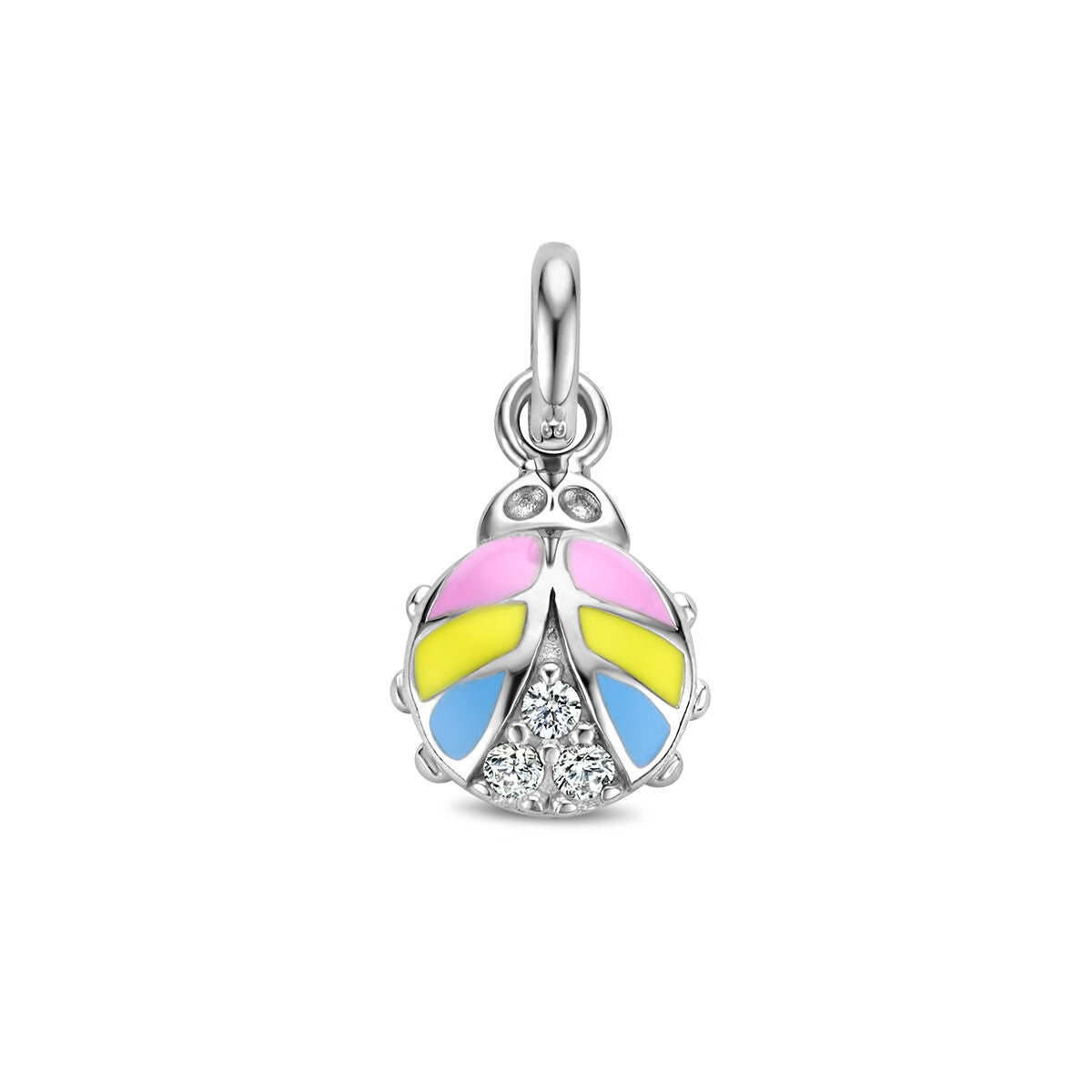 Hanger in de vorm van een lieveheersbeestje met roze, gele en blauwe emaille en zirkonia-steentjes, gerhodineerd zilver.