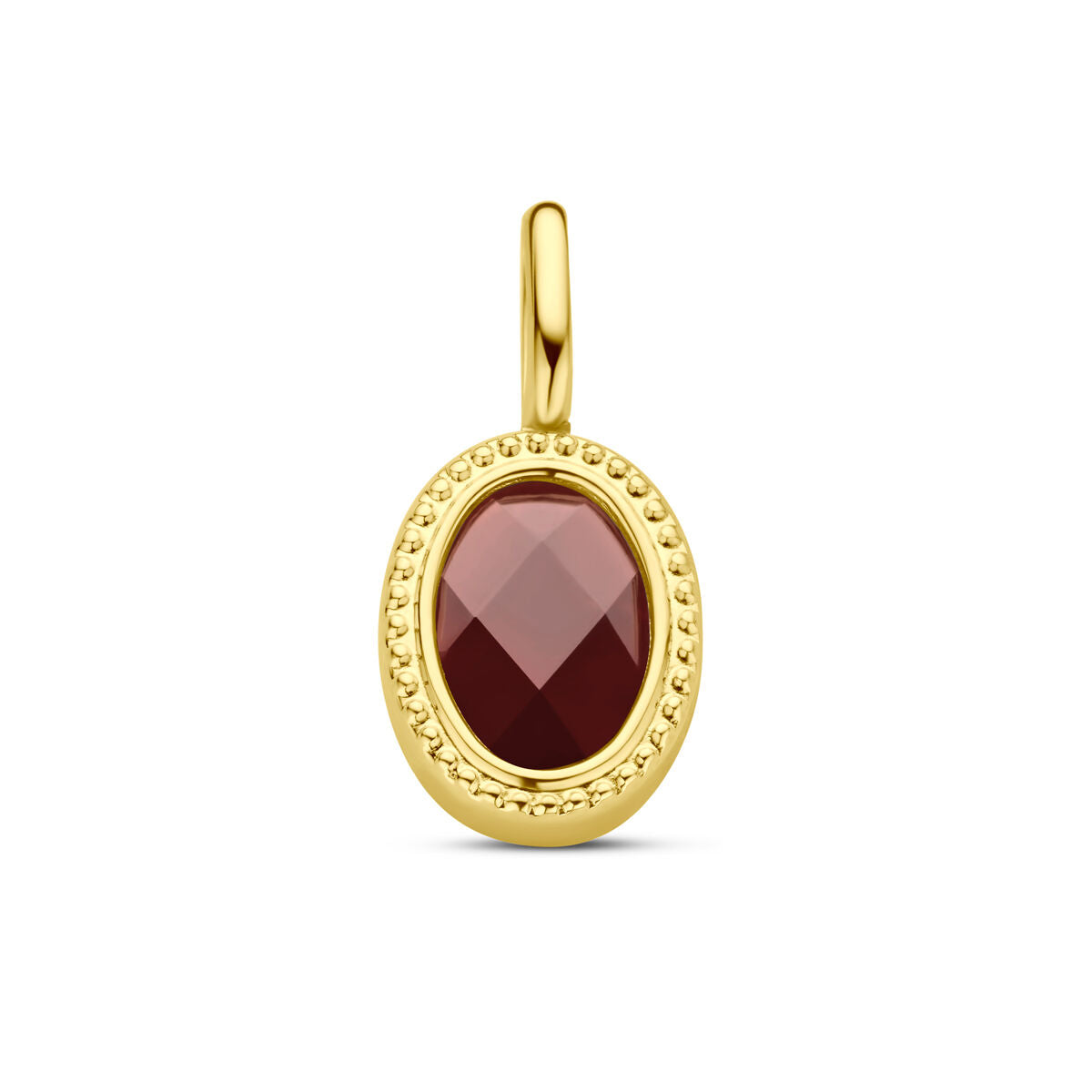 Colgante de granate en oro amarillo de 14K con forma ovalada y detalle de perlas.