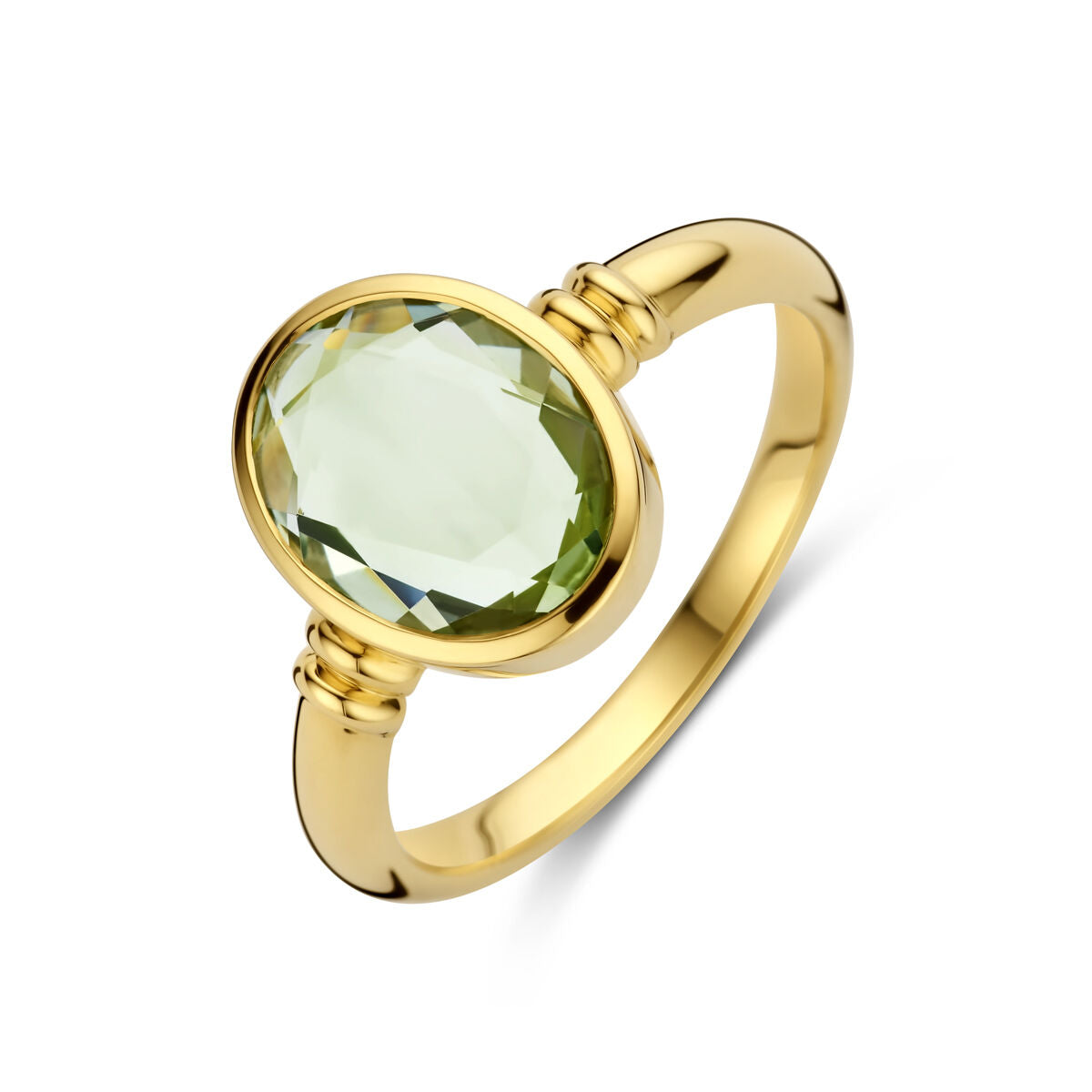Anillo de oro amarillo de 14 quilates con piedra ovalada de amatista verde.