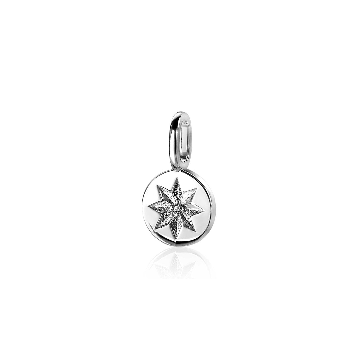Colgante de plata con forma de estrella y detalles en relieve.
