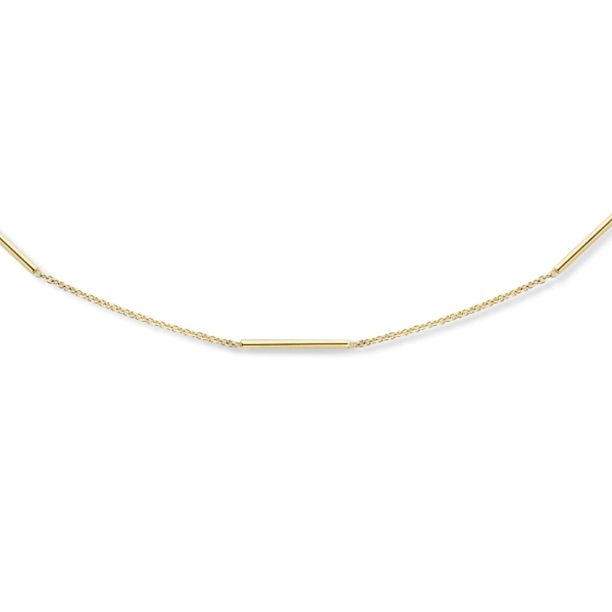 Collar de barras en oro amarillo de 14K, con longitud ajustable de 43 a 45 cm y grosor de 1,3 mm.
