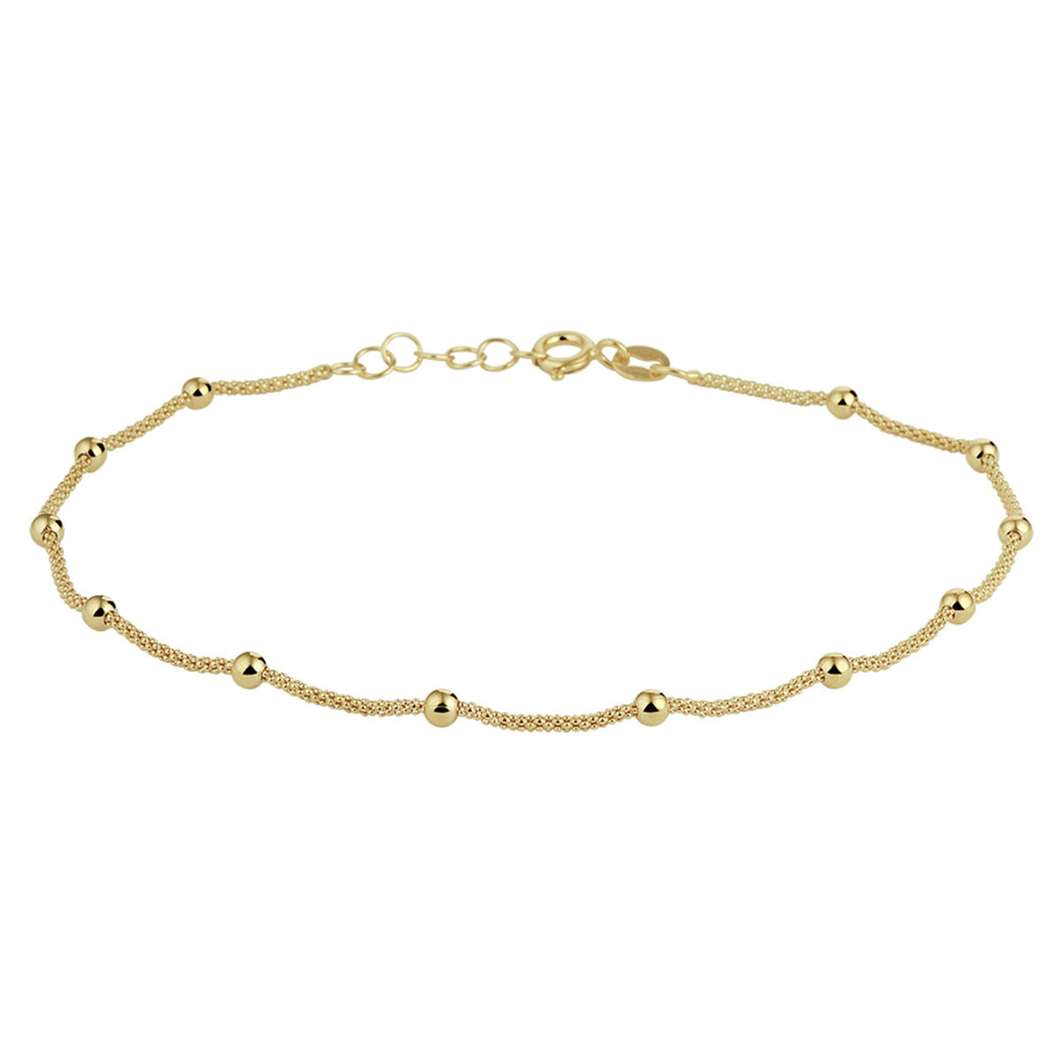 Pulsera de bolitas de 3,0 mm en plata dorada de 3 micrones, con eslabones y cierre de langosta.