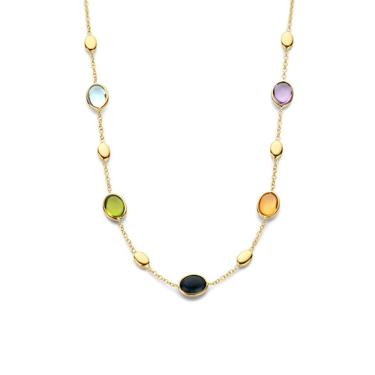 Cadena dorada para dama con piedras naturales en diferentes colores y formas ovaladas.