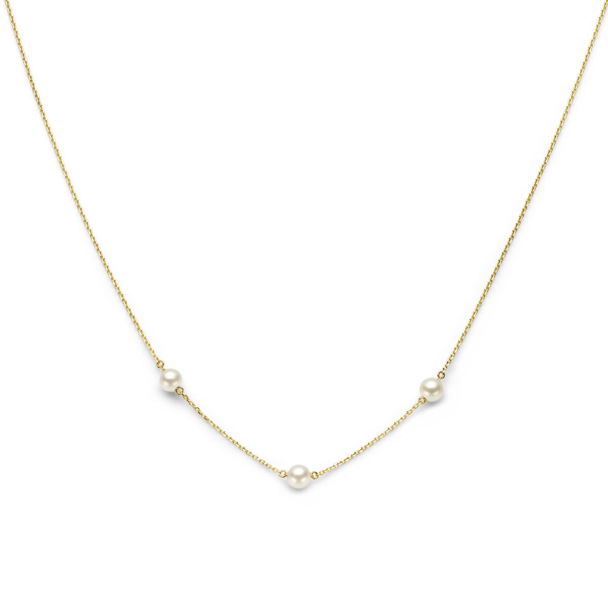 Cadena dorada de dama con perlas de 14K y tres perlas distribuidas a lo largo.