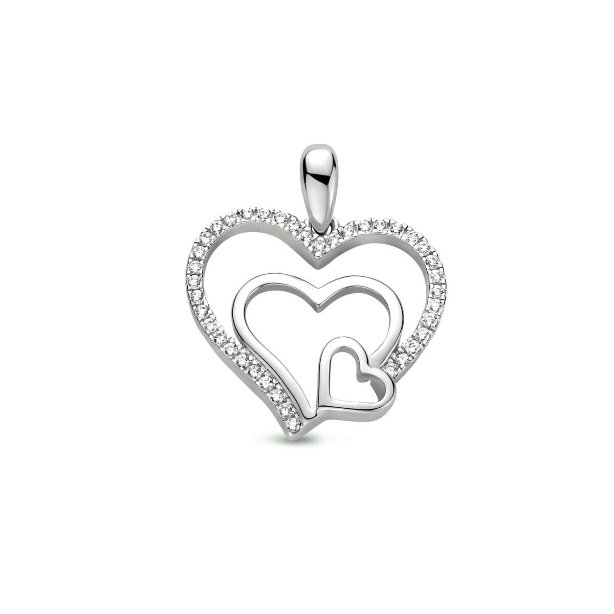 Colgante en forma de corazón con circonitas, acabado en plata rodiada.