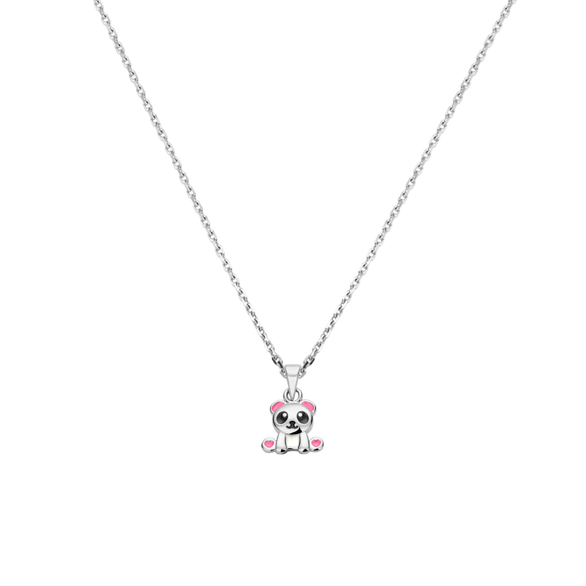 Collar de plata rodiada con colgante de panda y detalles en color rosa.