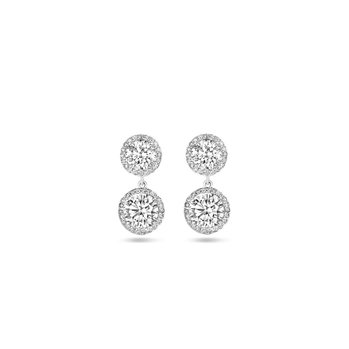 Pendientes largos de zirconia de 20 mm en plata rodiada con dos esferas brillantes.